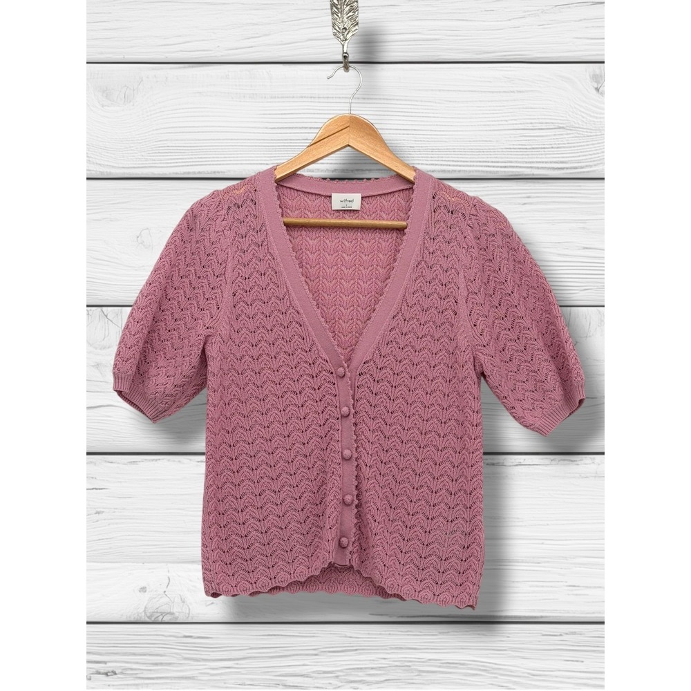 Wilfred Aritzia Pointelle Knit Short Sleeve Button Front Cardigan Mauve Pink S